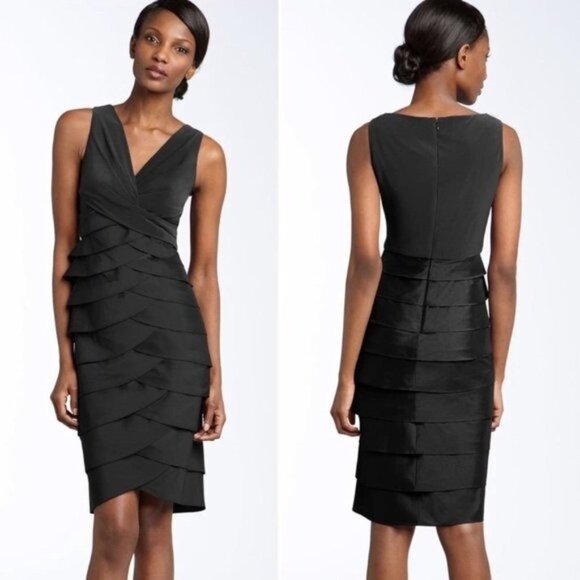 Adrianna Papell Black V-Neck Tiered Sheath Dress Party Cocktail 6 Small - Picture 1 of 11